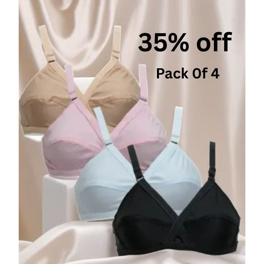 Truekind® Pack Of 4 Classy Brief Comfortable Cotton Non Padded Bra 🎁